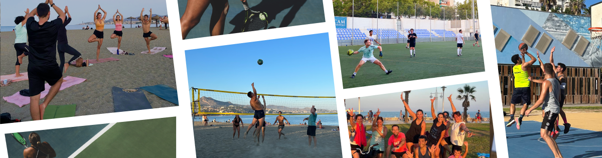 Compilation of images from sports activities in Málaga such as volleyball in Huelin, yoga classes in Malagueta, football in El Palo, Fitness classes in Huelin, Basketball in Parque del Oeste, and other sports activities based in Málaga capital, Andalucia, Spain.