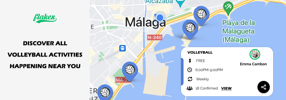 A map of Málaga city from the Flakex app where you can see all volleyball activities in Málaga with blue icons containing a volleyball. You can see how many people registered for these events and see the time, place, and recurrence of each volleyball event. You can also join volleyball events on the Flakex app.