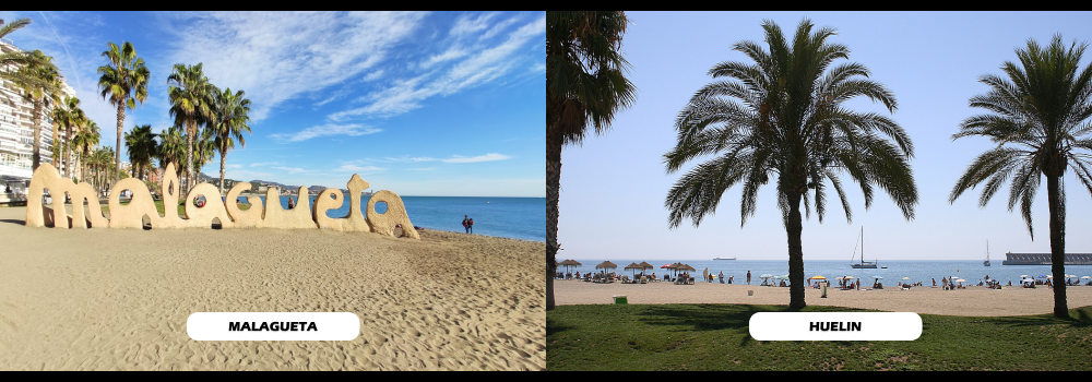 Pictures of places where you can play volleyball in Málaga: Malagueta beach and Huelin beach. You can see the Malagueta sign on the beach, palm trees, blue sky.