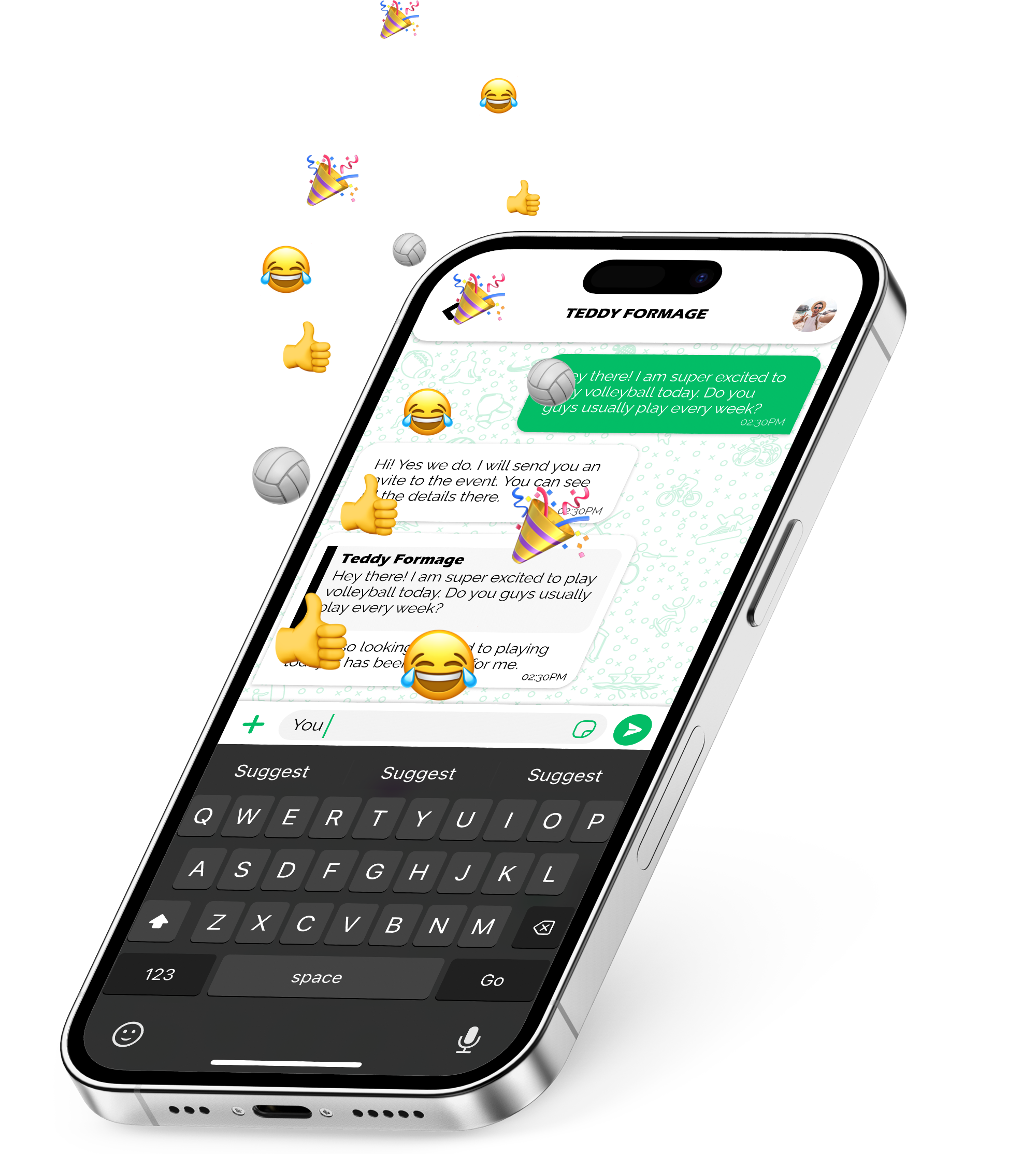 a phone mockup that shows the Flakex app and a chat feature. All Flakex users can talk to each other when organizing sports events, sports activities or sports classes in Spain. It's a unified sports community.